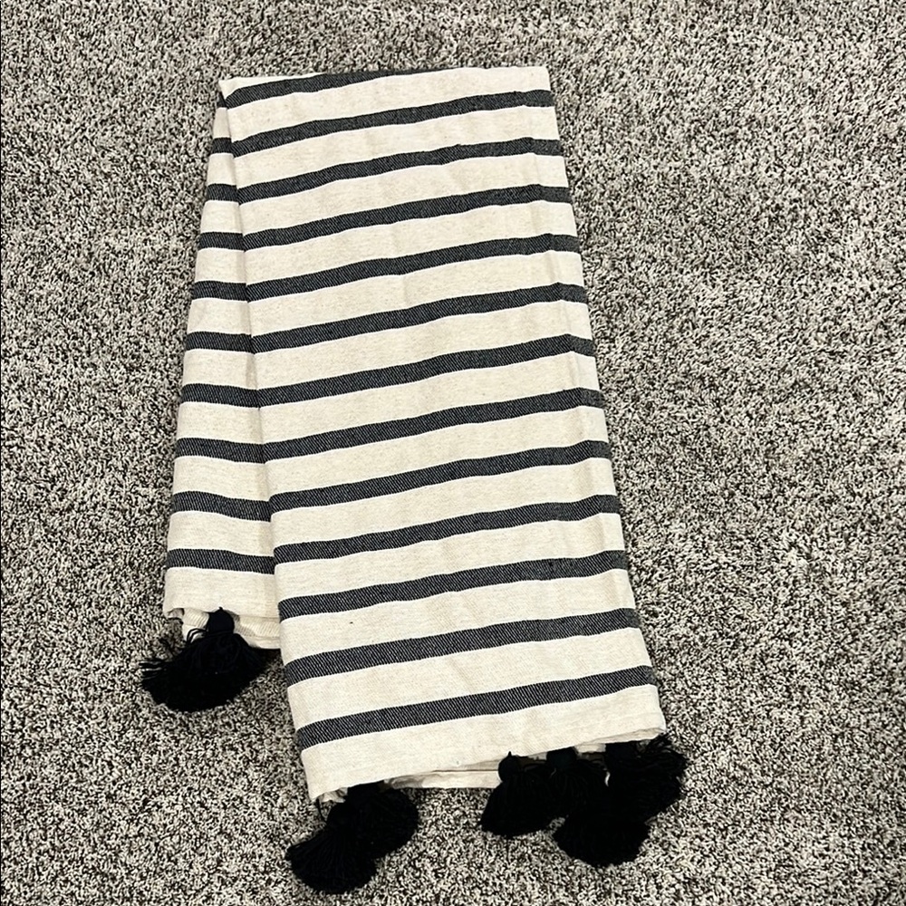 Striped Black and White Tasseled Throw Blanket